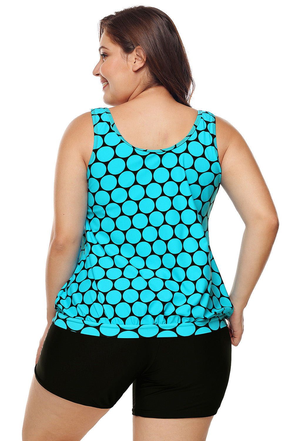 Plus Size Cyan Black Polka Dot Tank Top and Short Swimsuit