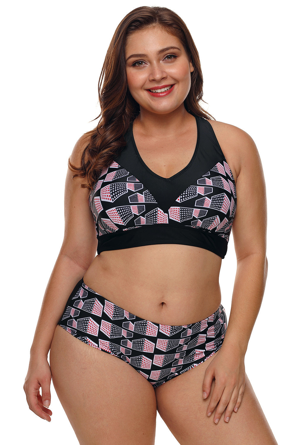 Plus Size Geometry Cross Back Bikini Swimsuit Set