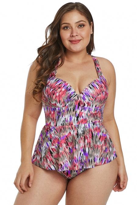 Plus Size Mirage Print 2 Piece Peplum Tankini Bathing Suit