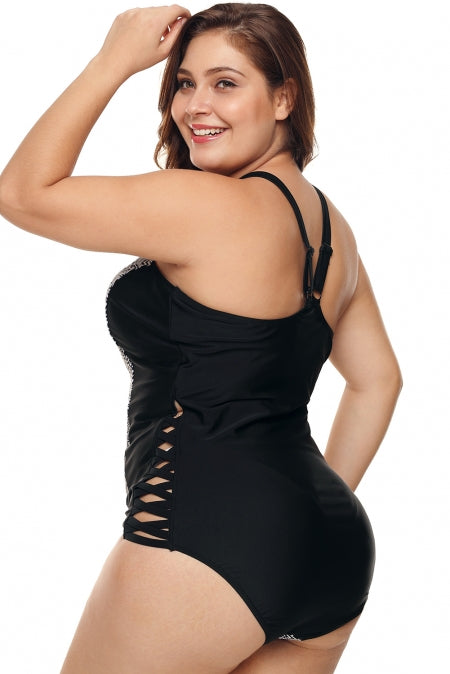 Plus Size Monochrome Print Cutout One Piece Swimsuit