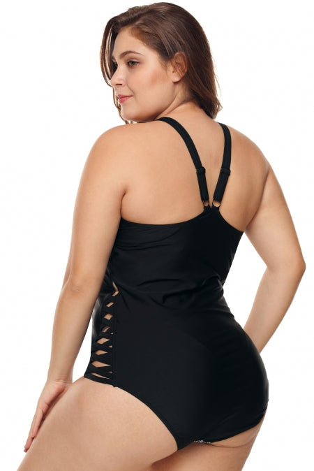 Plus Size Monochrome Print Cutout One Piece Swimsuit
