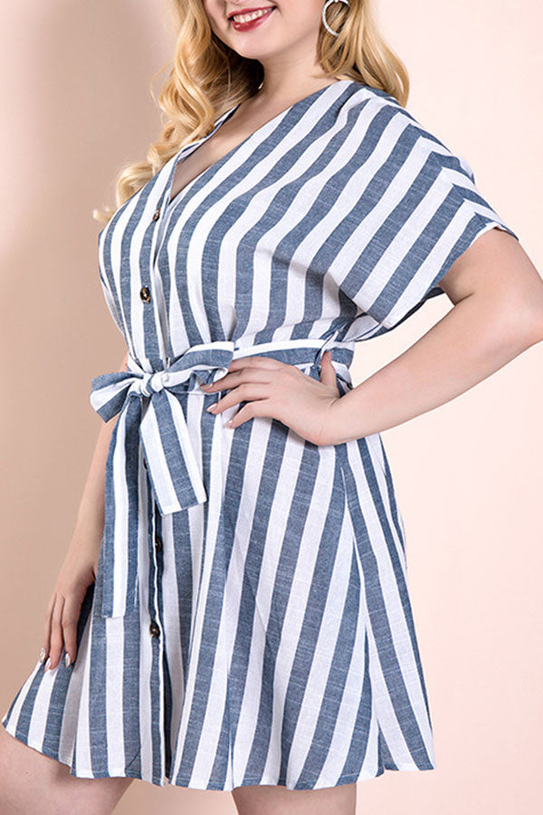 Plus Size Striped Lace-up Buttoned Dress