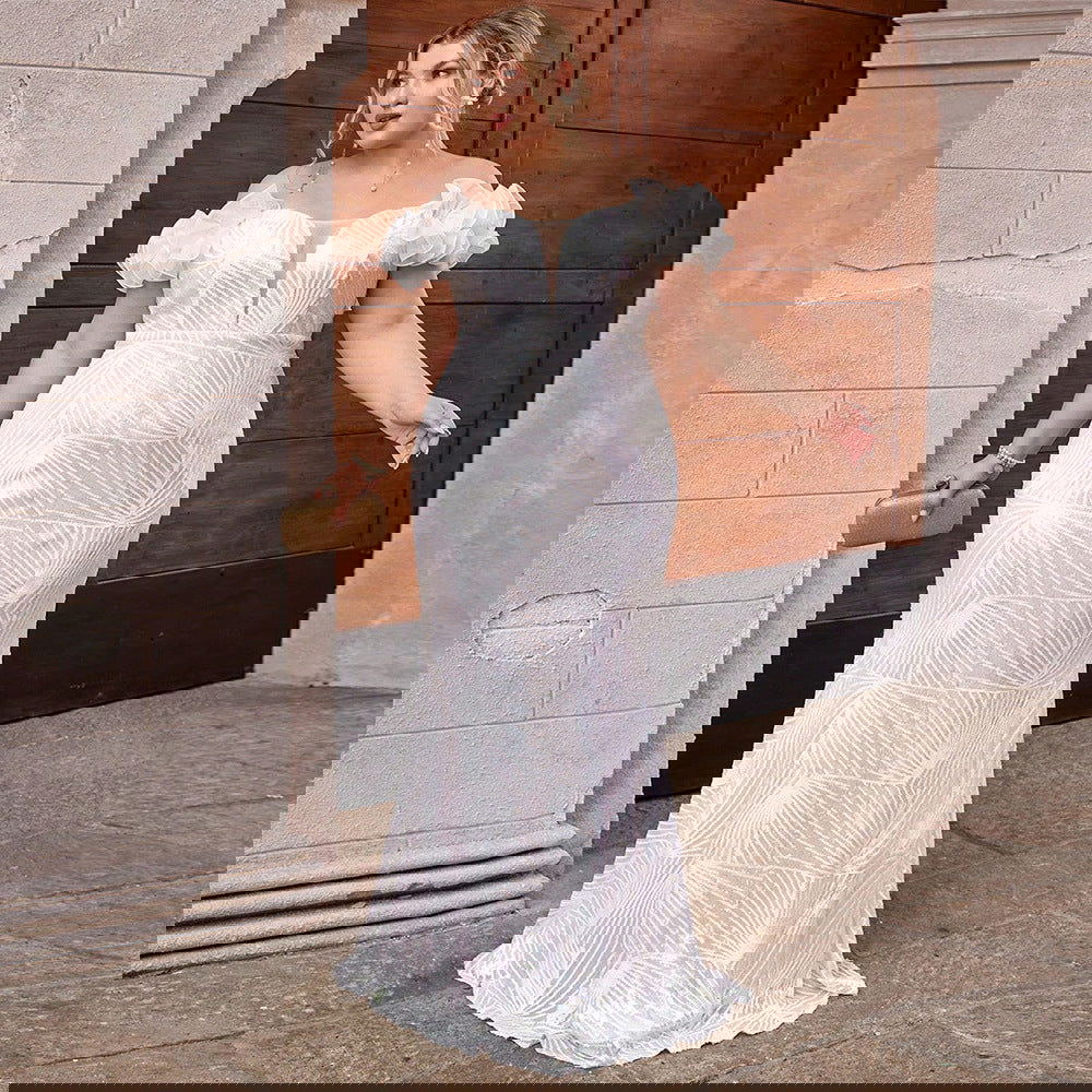 Plus Size Dress Puff Sleeve Sequin Stitching Cocktail Party Tube Top Dress - Fashionpara