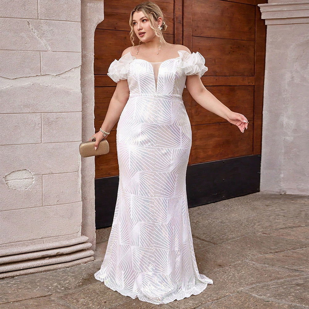 Sequin Off Shoulder Puff Sleeve Mermaid Maxi Gown