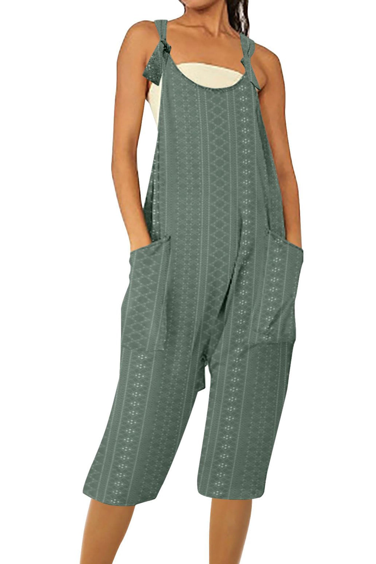 Pocket Eyelet Cami Capri Jumpsuits - Fashionpara