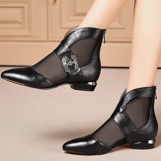 Pointed Mesh Patched Short Boots With Zipper - Mislish