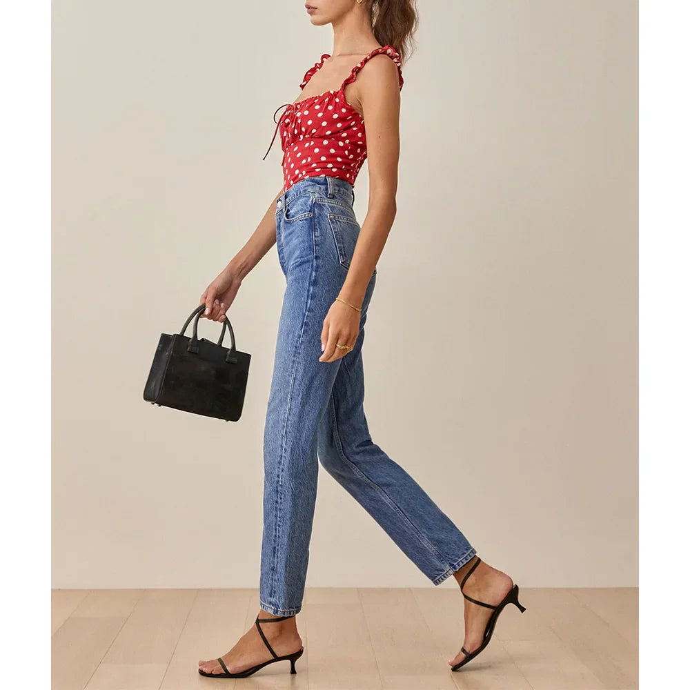 Polka Dot Square Neck Tie Sleeveless Frill Strap Smocked Fitted Sexy Crop Top