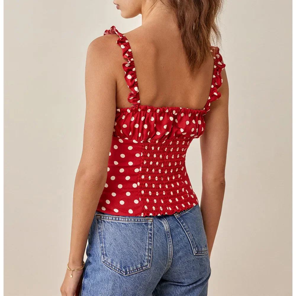 Polka Dot Square Neck Tie Sleeveless Frill Strap Smocked Fitted Sexy Crop Top