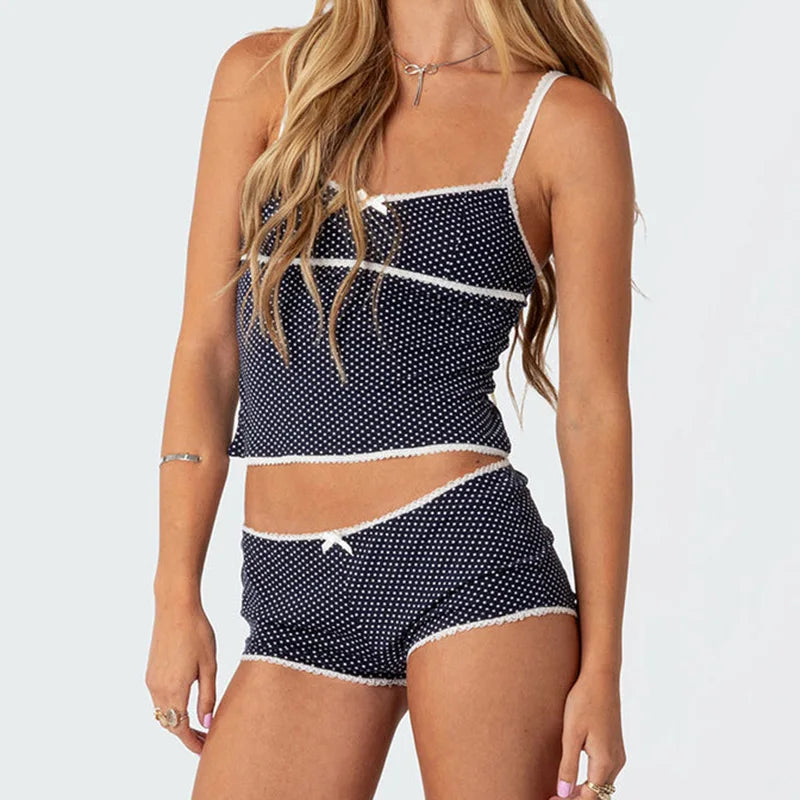 Polka Dot Vintage Crop Tops Micro Shorts Two Pieces Set