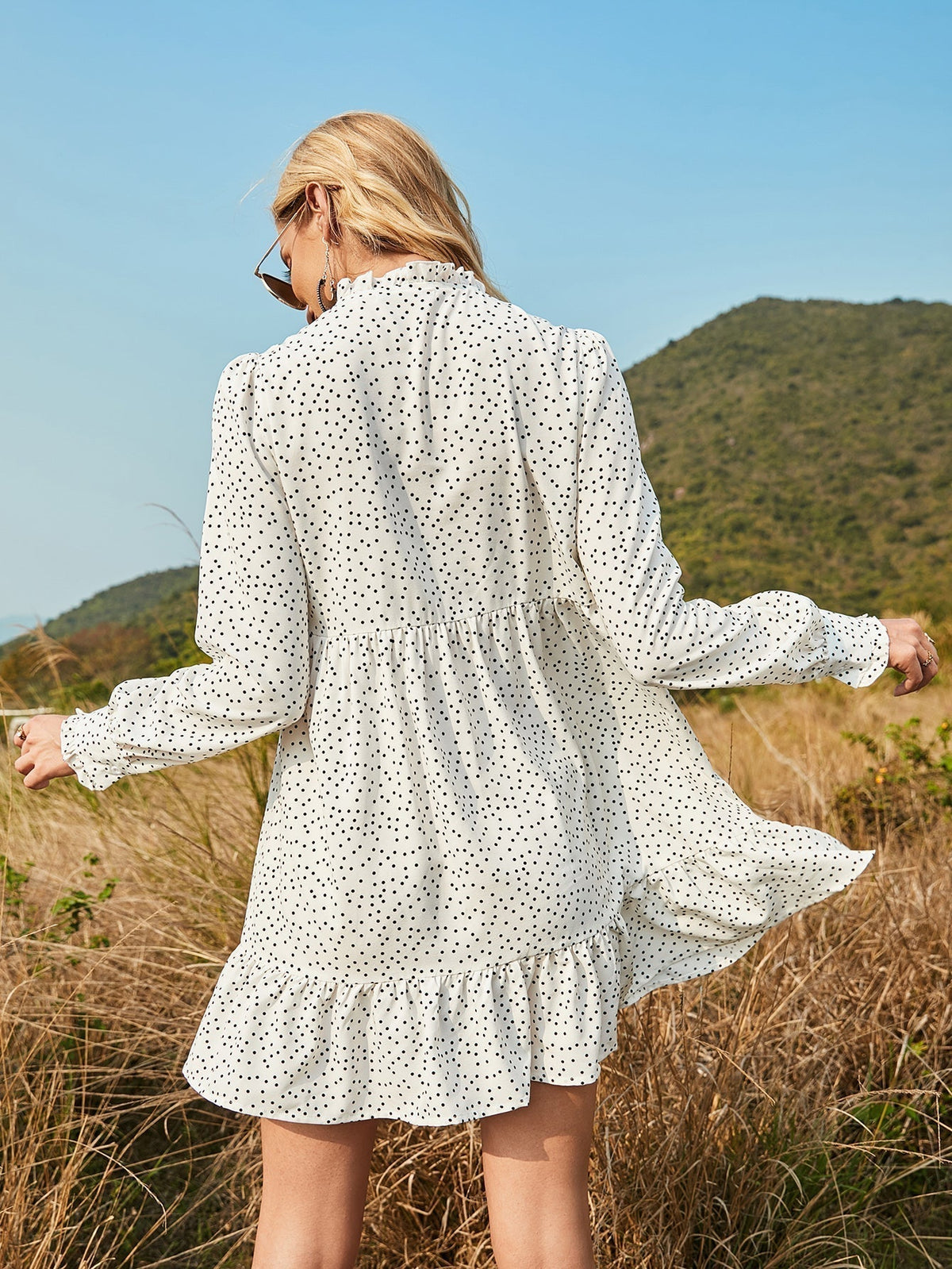 KittenAlarm - Polka Dot Ruffle Hem Smock Dress