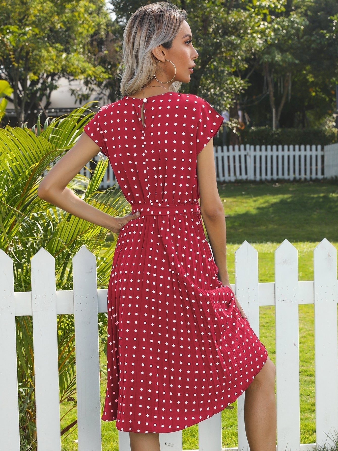 Polka Dot print Belted Pleated A-line Dress - Fashionpara