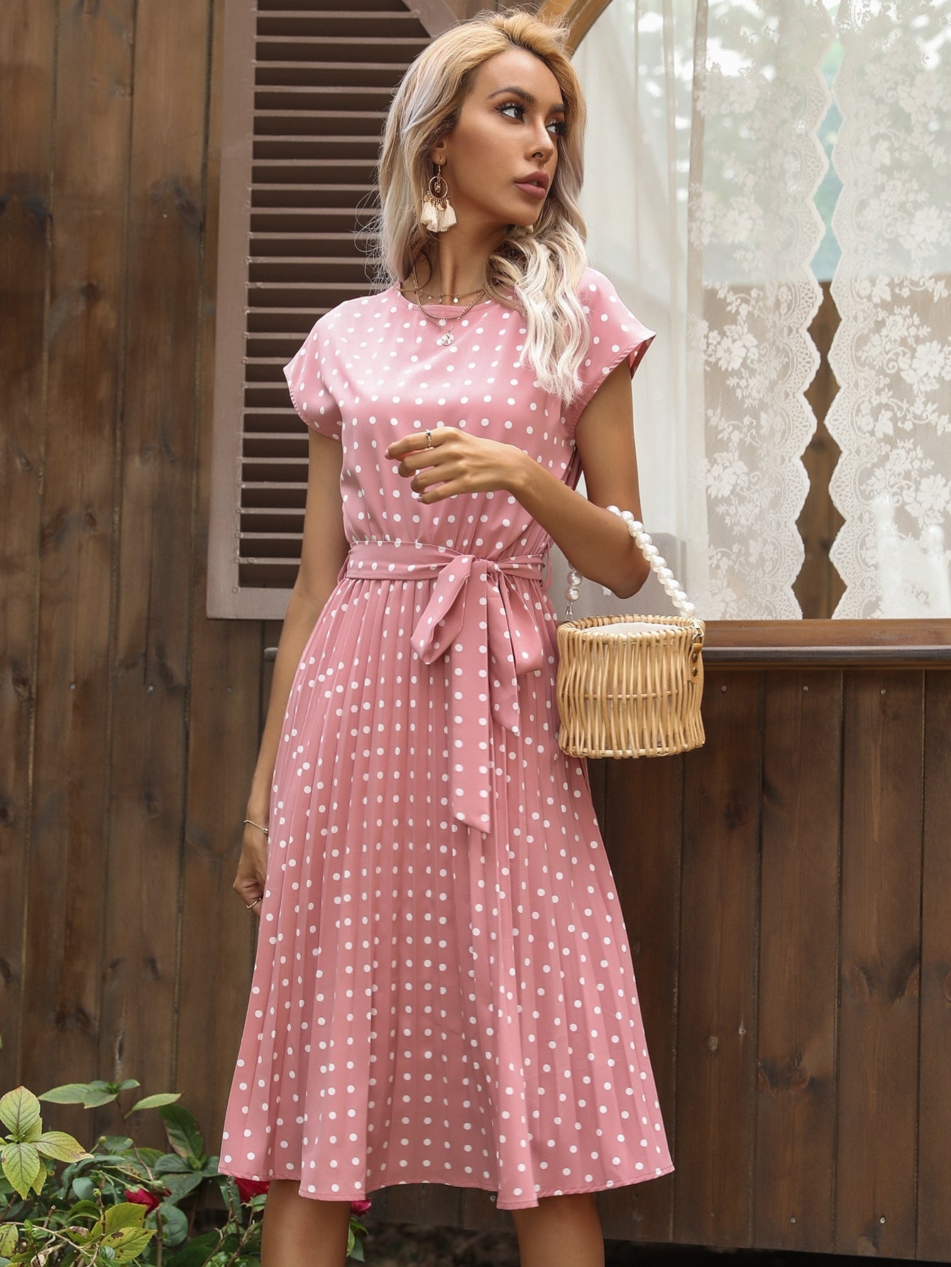 Polka Dot print Belted Pleated A-line Dress - Fashionpara