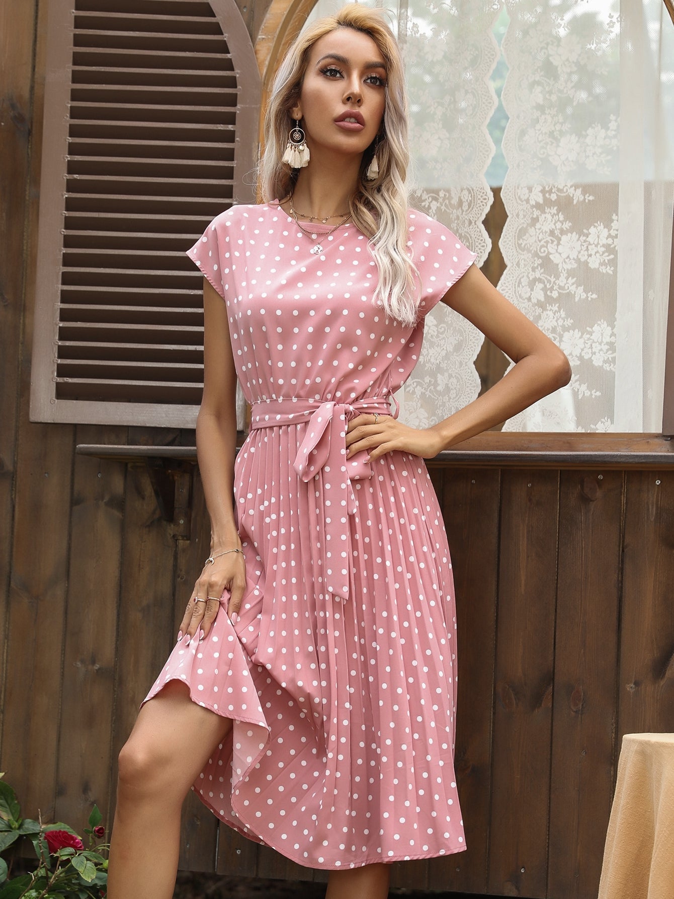 Polka Dot print Belted Pleated A-line Dress - Fashionpara