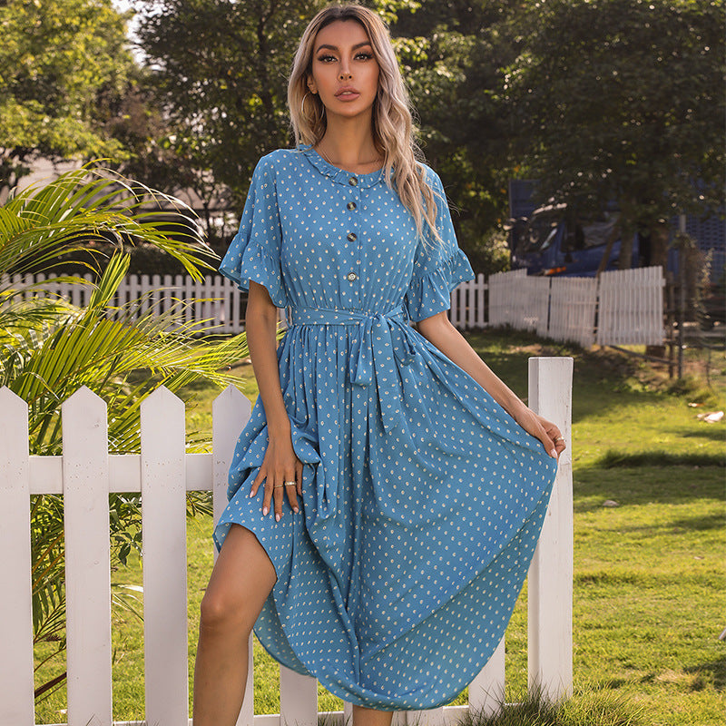 Polka Dots Button Front Elastic Waist Self Tie Ruffled Dress - Fashionpara
