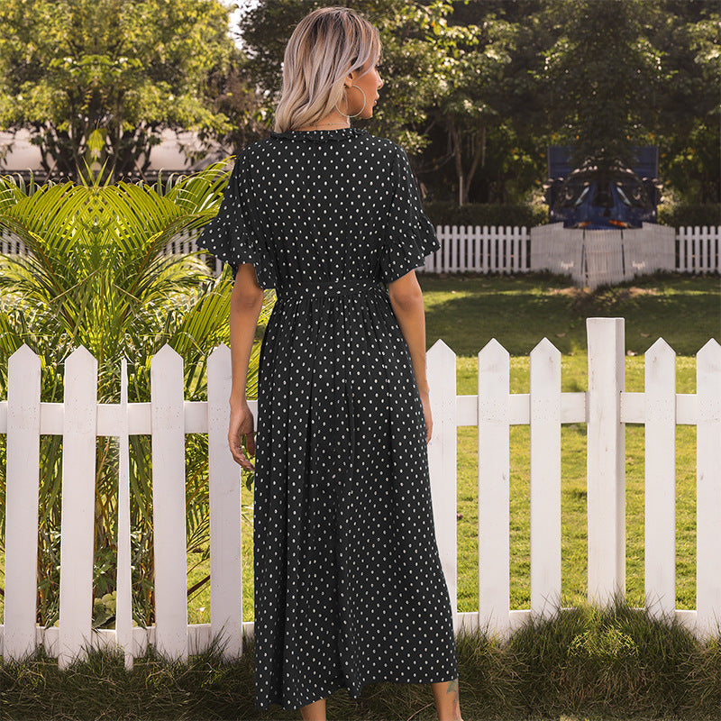 Polka Dots Button Front Elastic Waist Self Tie Ruffled Dress - Fashionpara