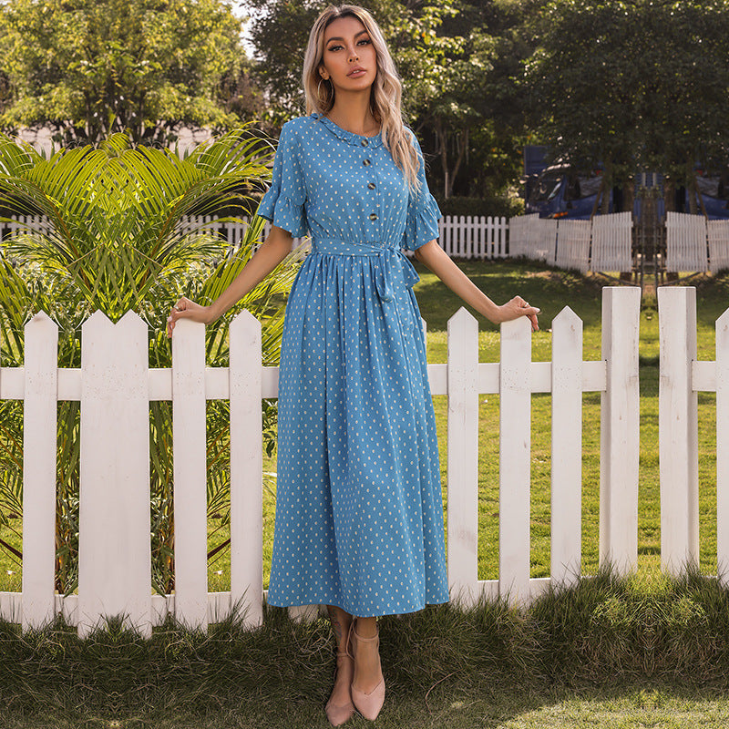 Polka Dots Button Front Elastic Waist Self Tie Ruffled Dress - Fashionpara