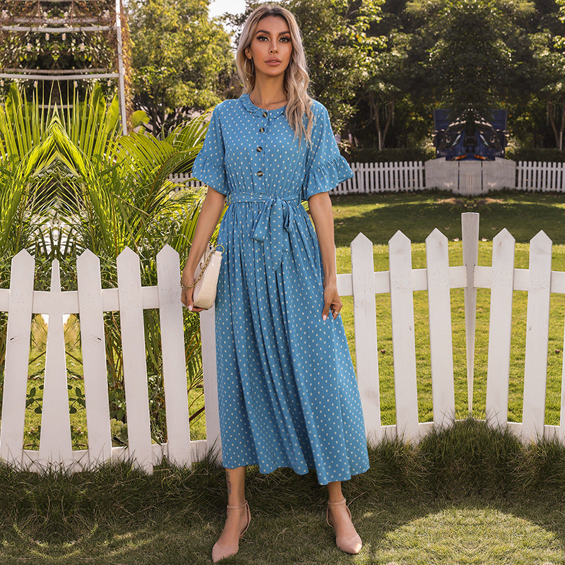 Polka Dot Round Neck Flutter Sleeve Tiered Midi Dress 5