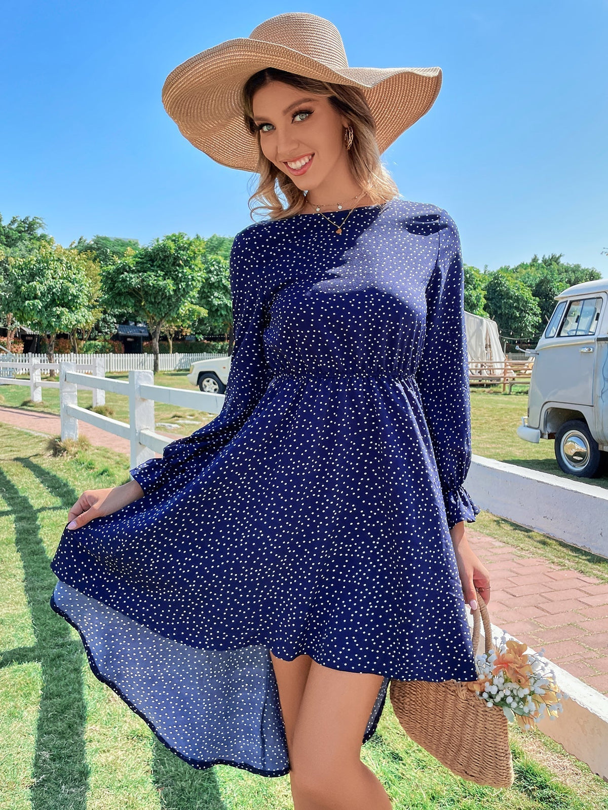 Polka Dot Long Sleeve Fit & Flare Midi Dress