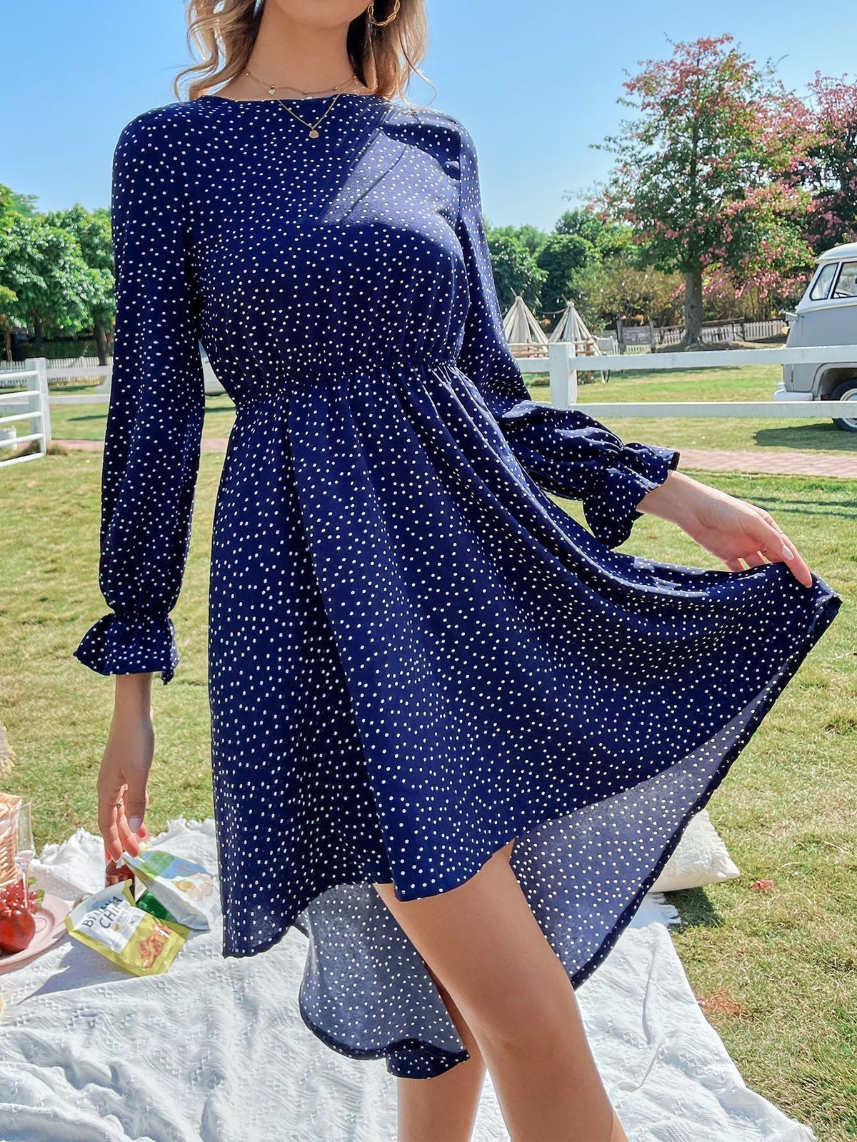 Polka Dot Long Sleeve Fit & Flare Midi Dress