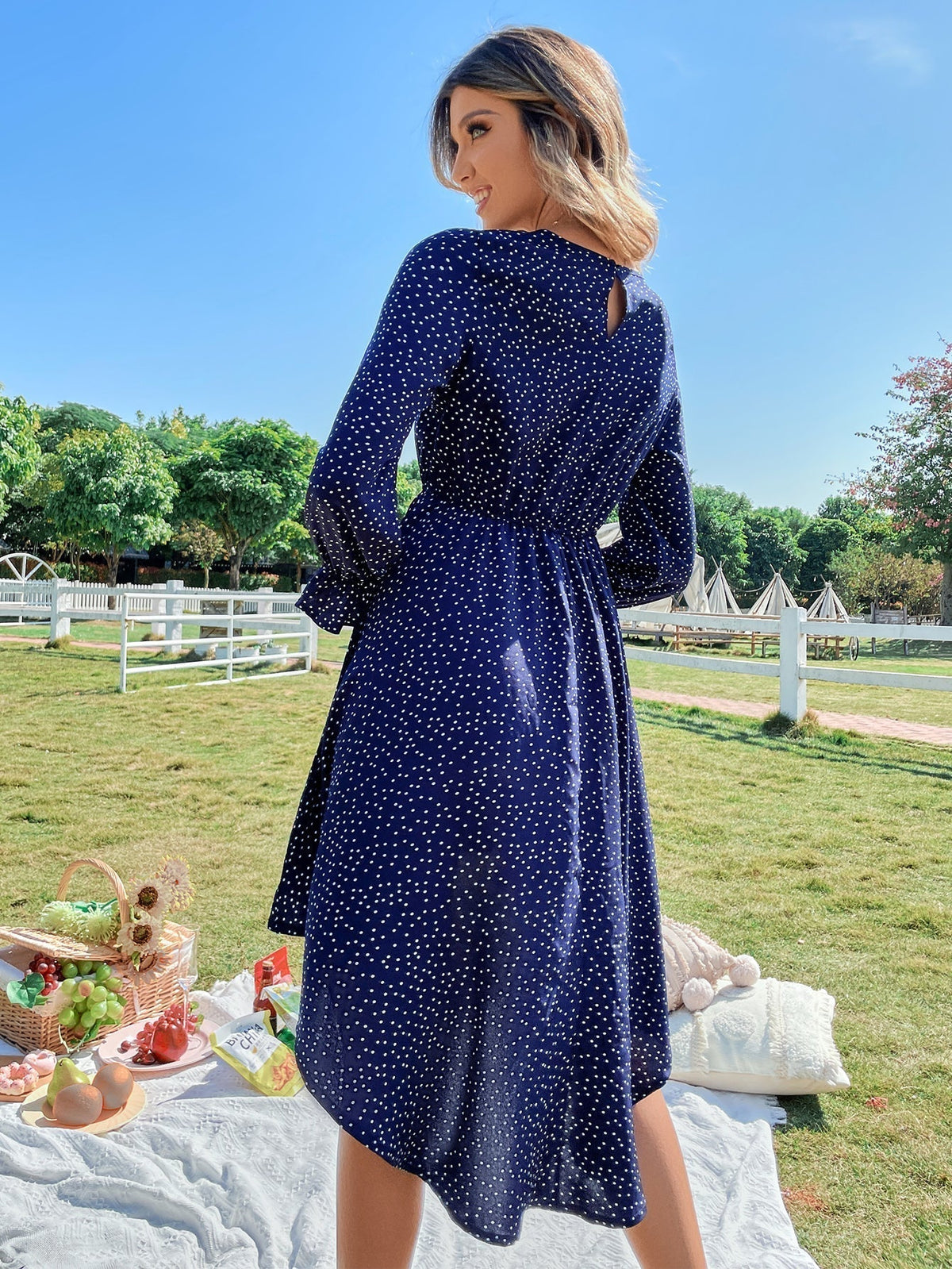 Polka Dot Long Sleeve Fit & Flare Midi Dress
