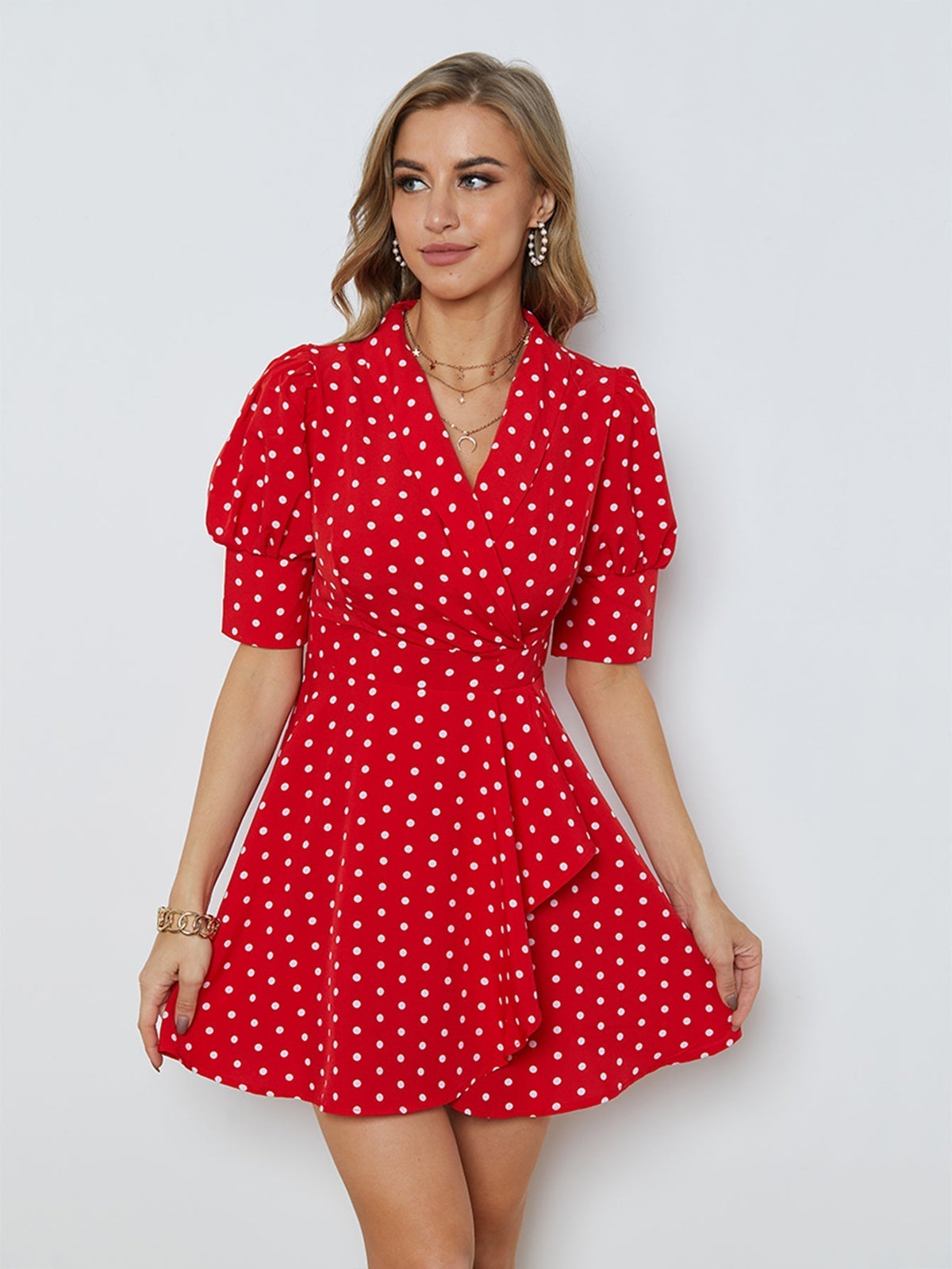 Polka Dot V-Neck Puff Sleeve Wrap Peplum Mini Dress