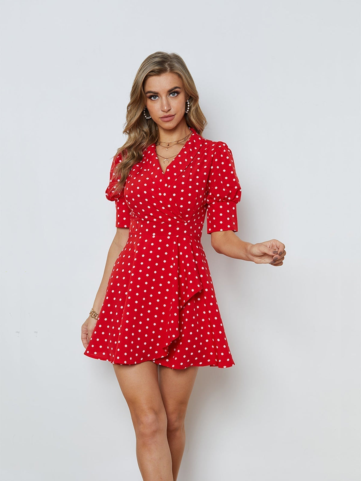 Polka Dot V-Neck Puff Sleeve Wrap Peplum Mini Dress
