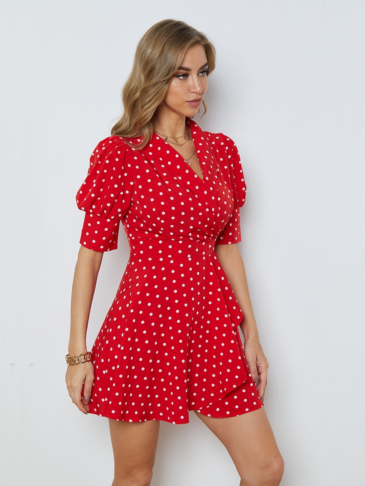 Polka Dot V-Neck Puff Sleeve Wrap Peplum Mini Dress