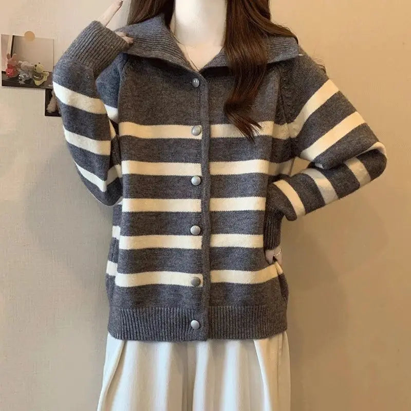 Striped Polo Collar Slimming Cardigan