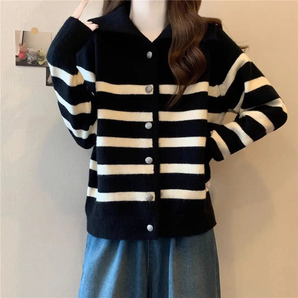 Striped Polo Collar Slimming Cardigan