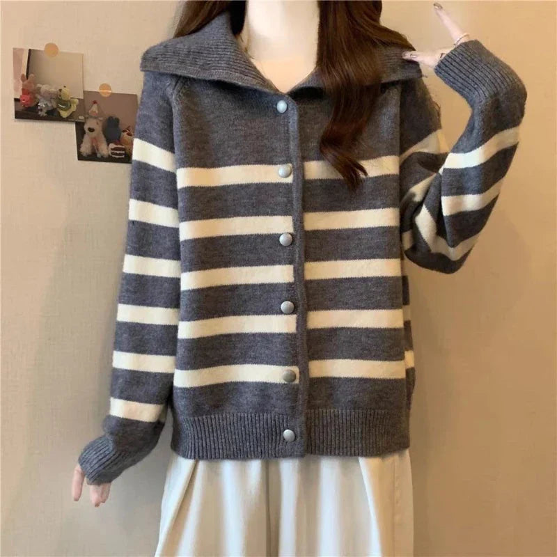 Striped Polo Collar Slimming Cardigan
