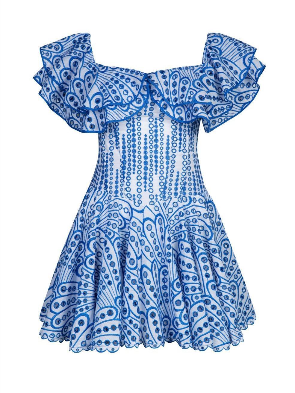 Porcelain Print Off Shoulder Ruffle Flared Mini Dress 6