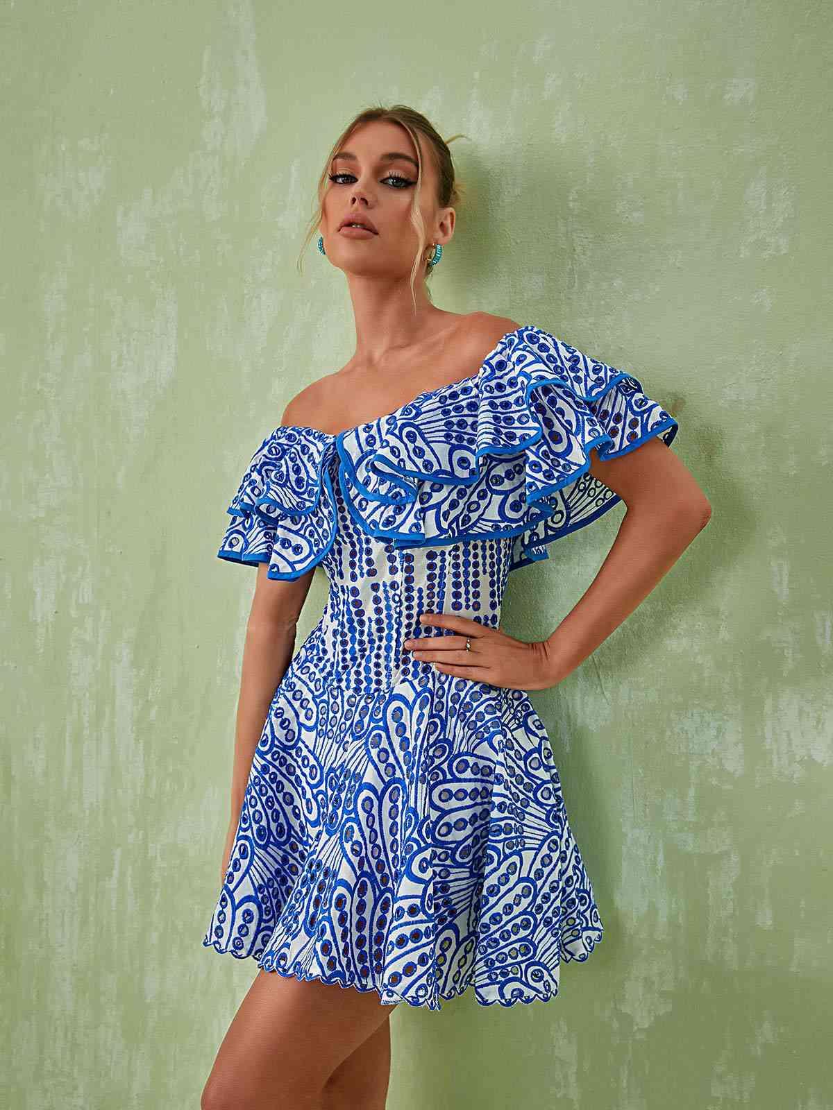 Porcelain Print Off Shoulder Ruffle Flared Mini Dress 2