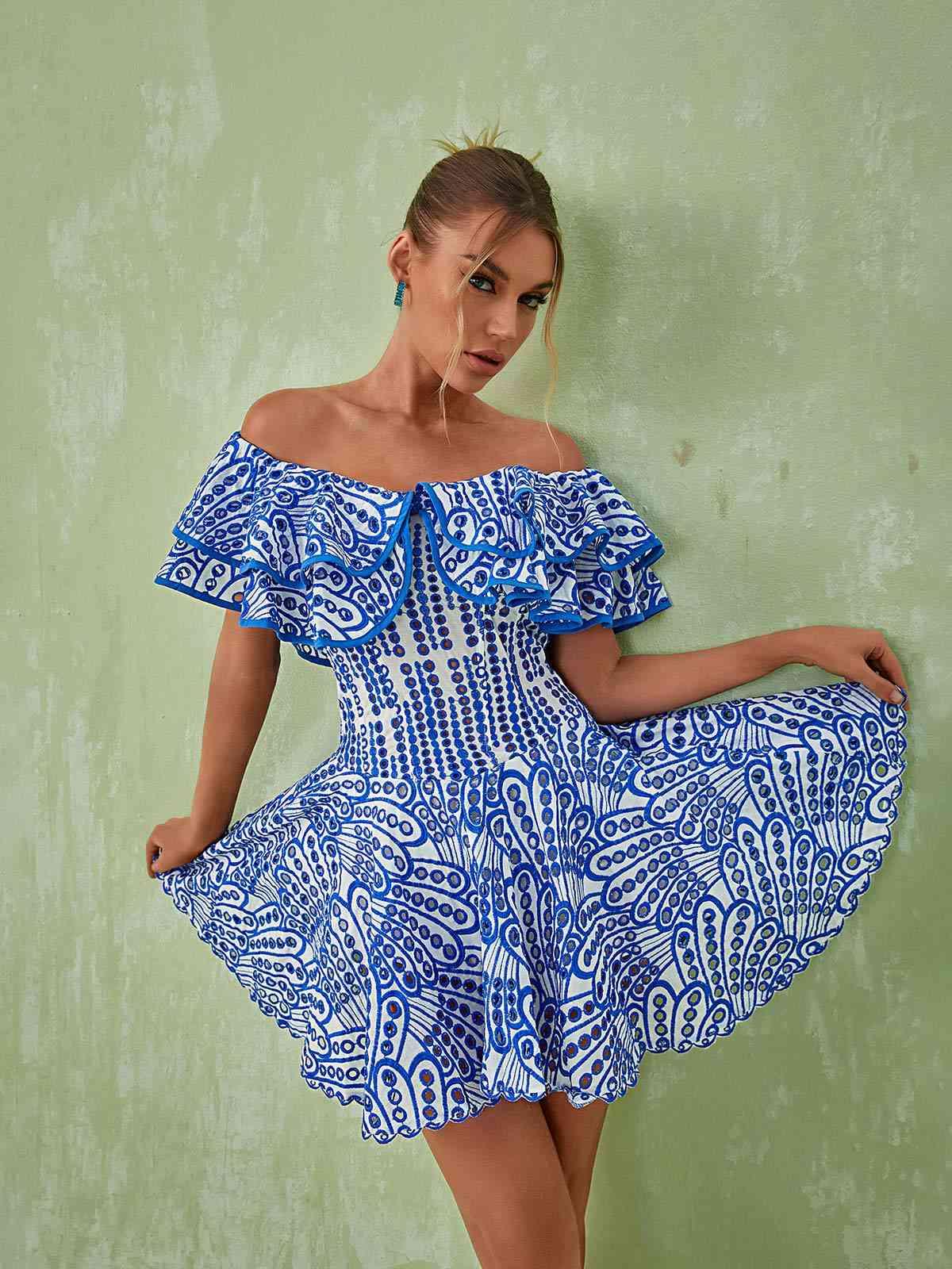 Porcelain Print Off Shoulder Ruffle Flared Mini Dress 4