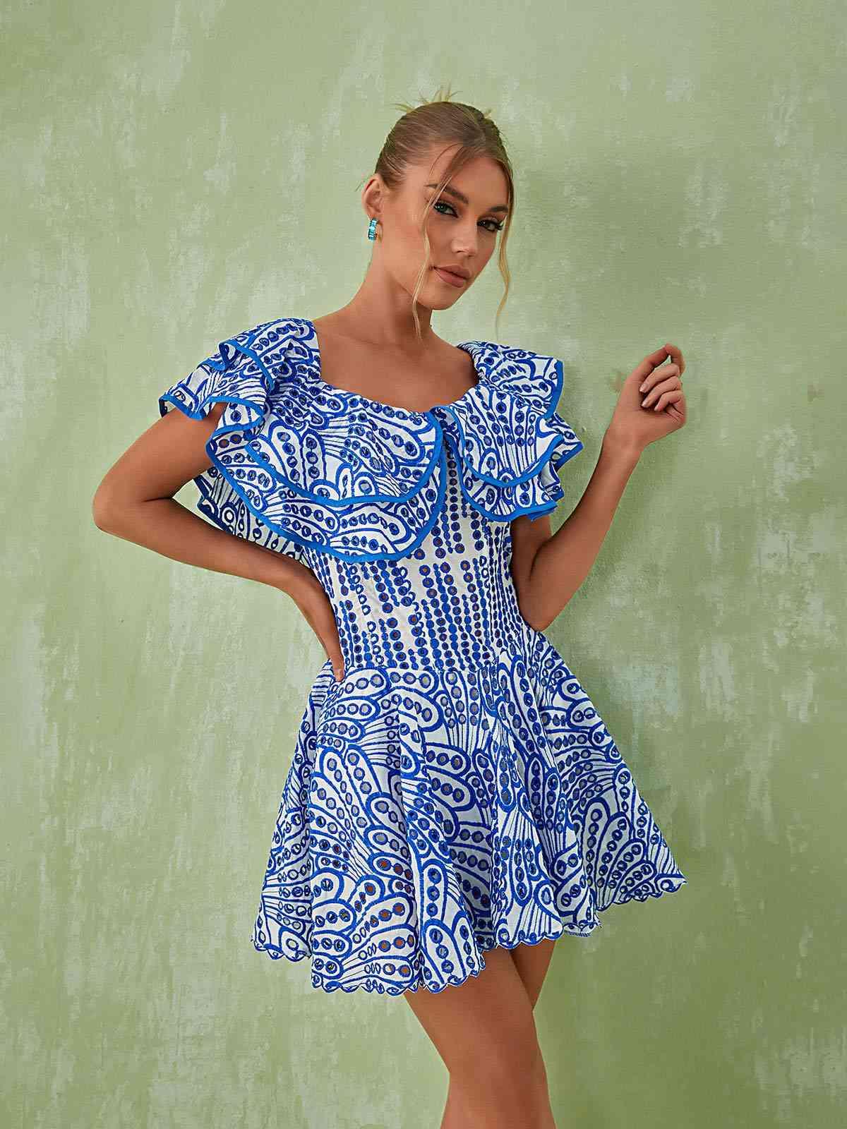 Porcelain Print Off Shoulder Ruffle Flared Mini Dress 3