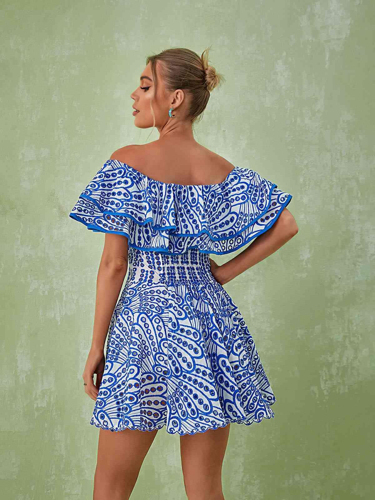 Porcelain Print Off Shoulder Ruffle Flared Mini Dress 5