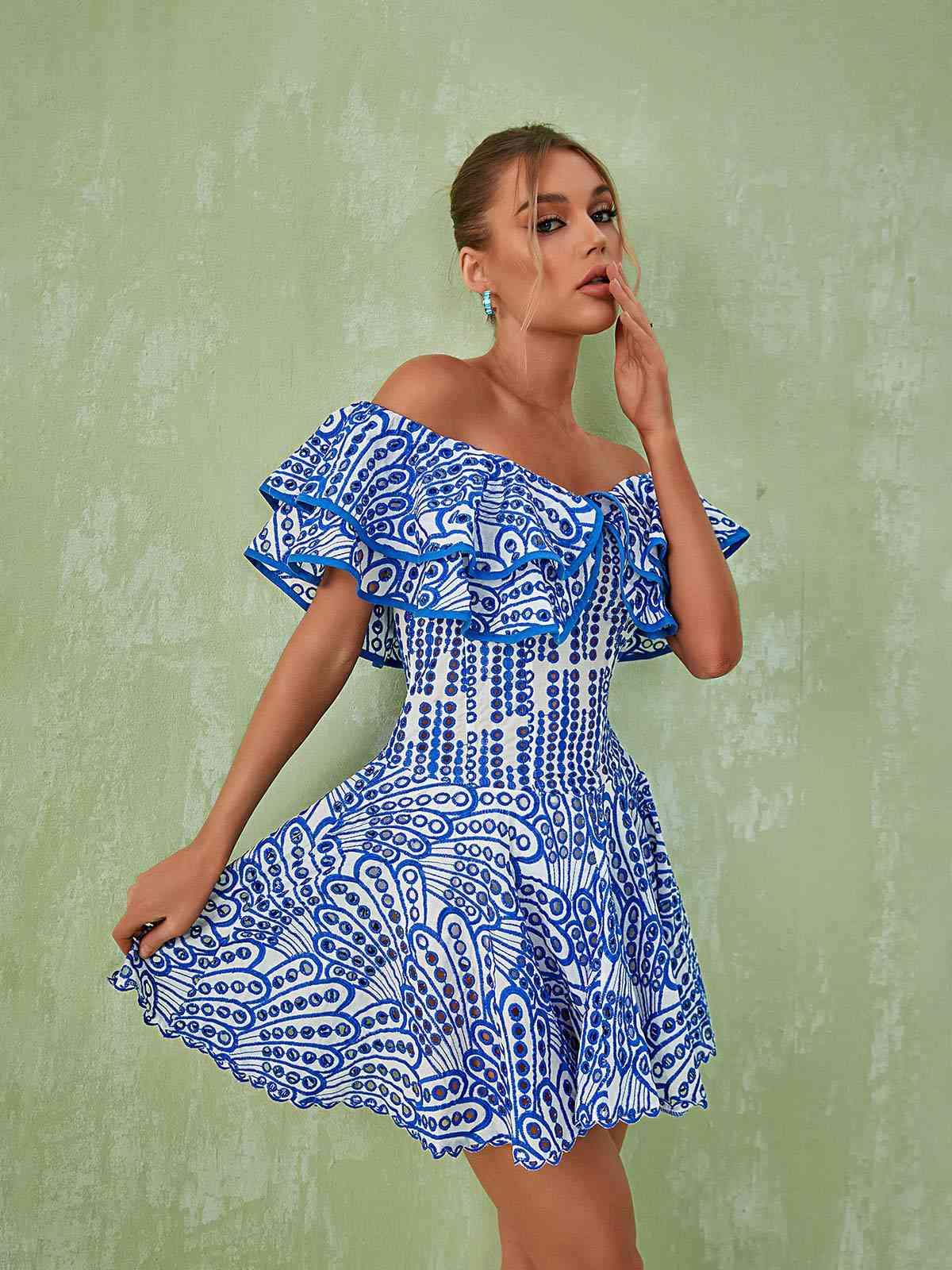 Porcelain Print Off Shoulder Ruffle Flared Mini Dress