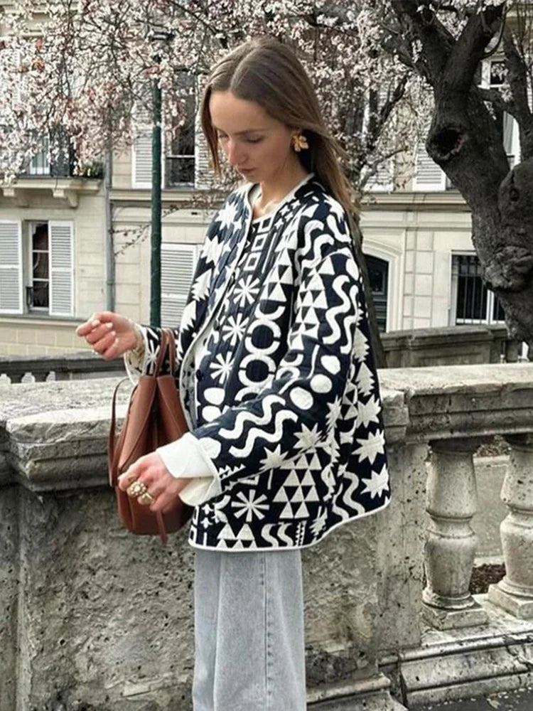 Print Cotton Single-Breasted O-neck Overcoat