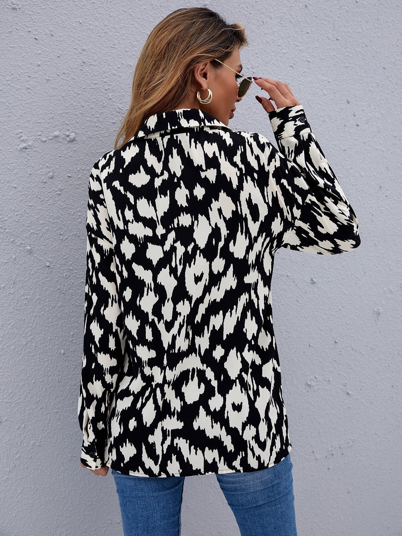 Print Button Front Blouse - Fashionpara