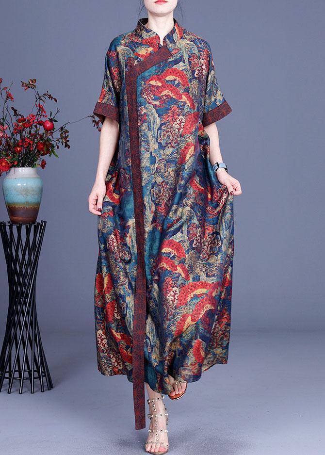 Mandarin Collar Diagonal Wrap Short Sleeve Wave Floral Maxi Dress