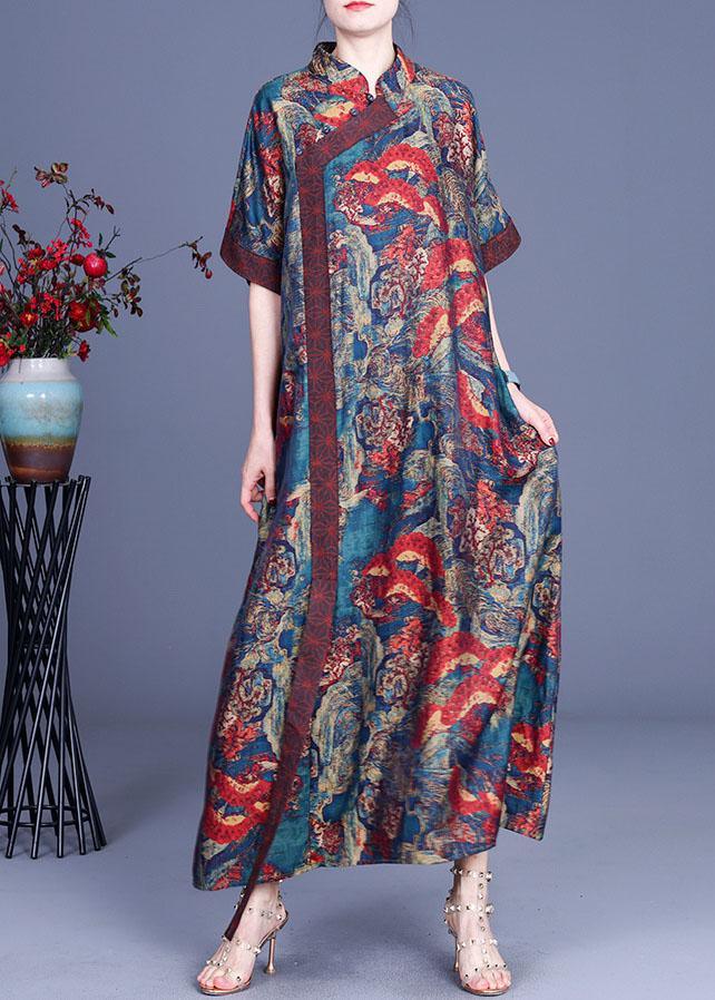 Mandarin Collar Diagonal Wrap Short Sleeve Wave Floral Maxi Dress - View 2