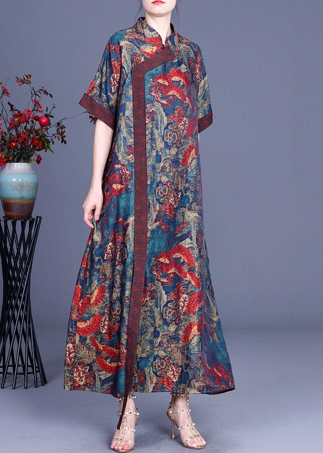 Mandarin Collar Diagonal Wrap Short Sleeve Wave Floral Maxi Dress - View 3