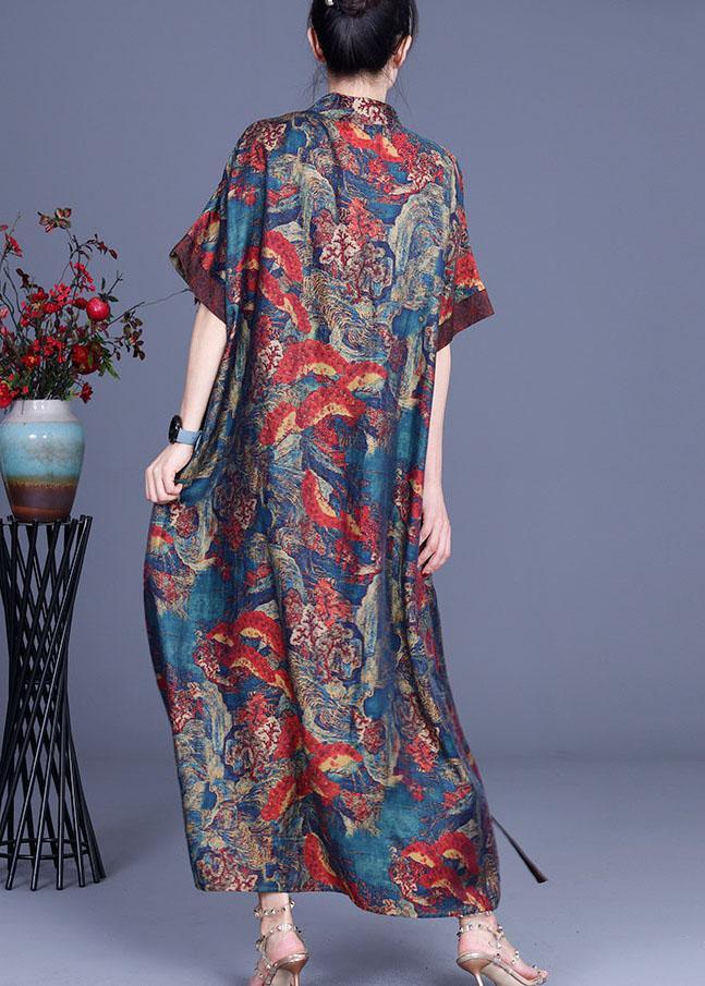 Mandarin Collar Diagonal Wrap Short Sleeve Wave Floral Maxi Dress - View 4