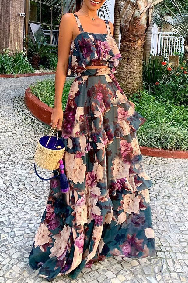 Print Sleeveless A-Line Two Piece Dress  Fashionpara