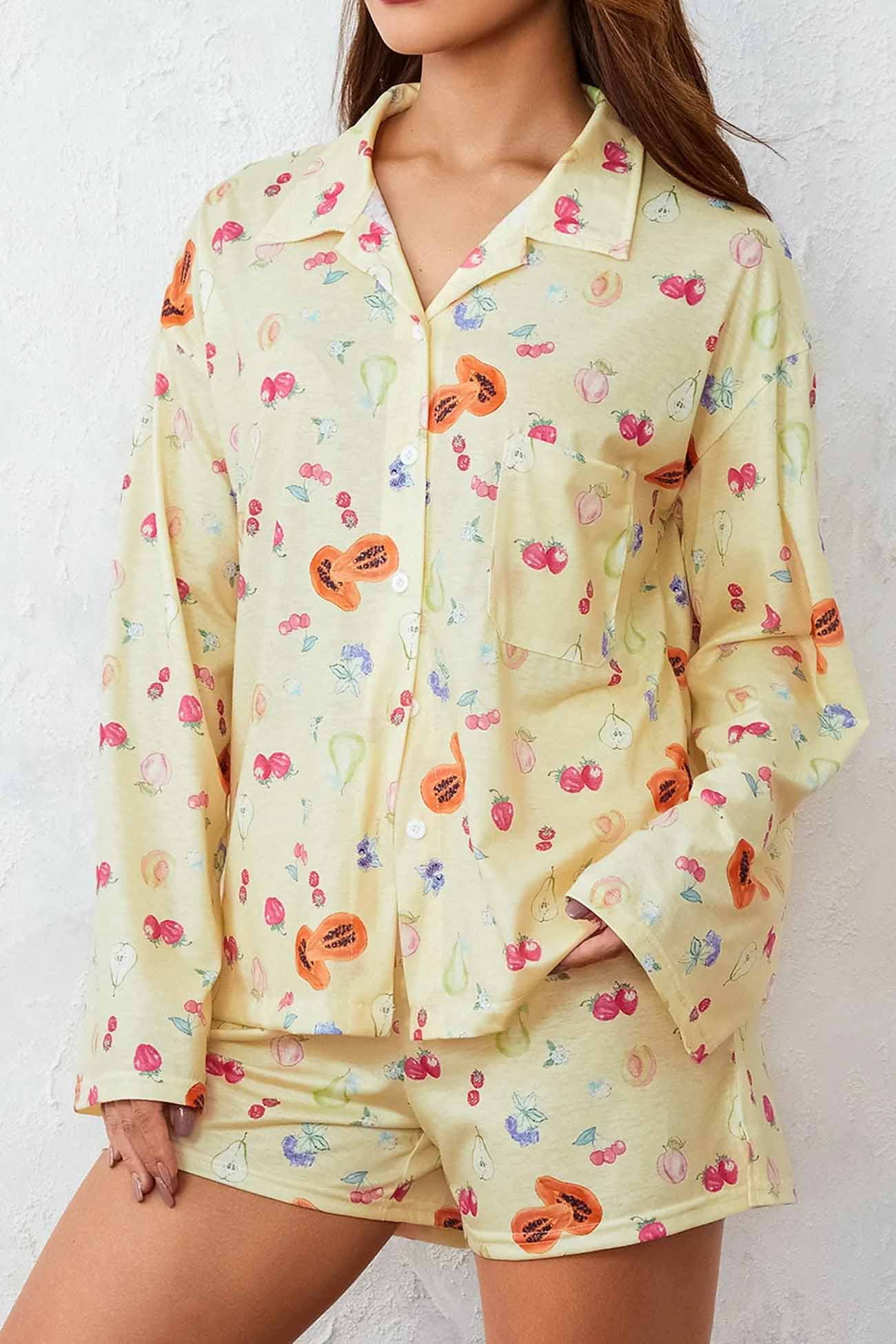 Printed Long Sleeves Button Shirt Shorts Set