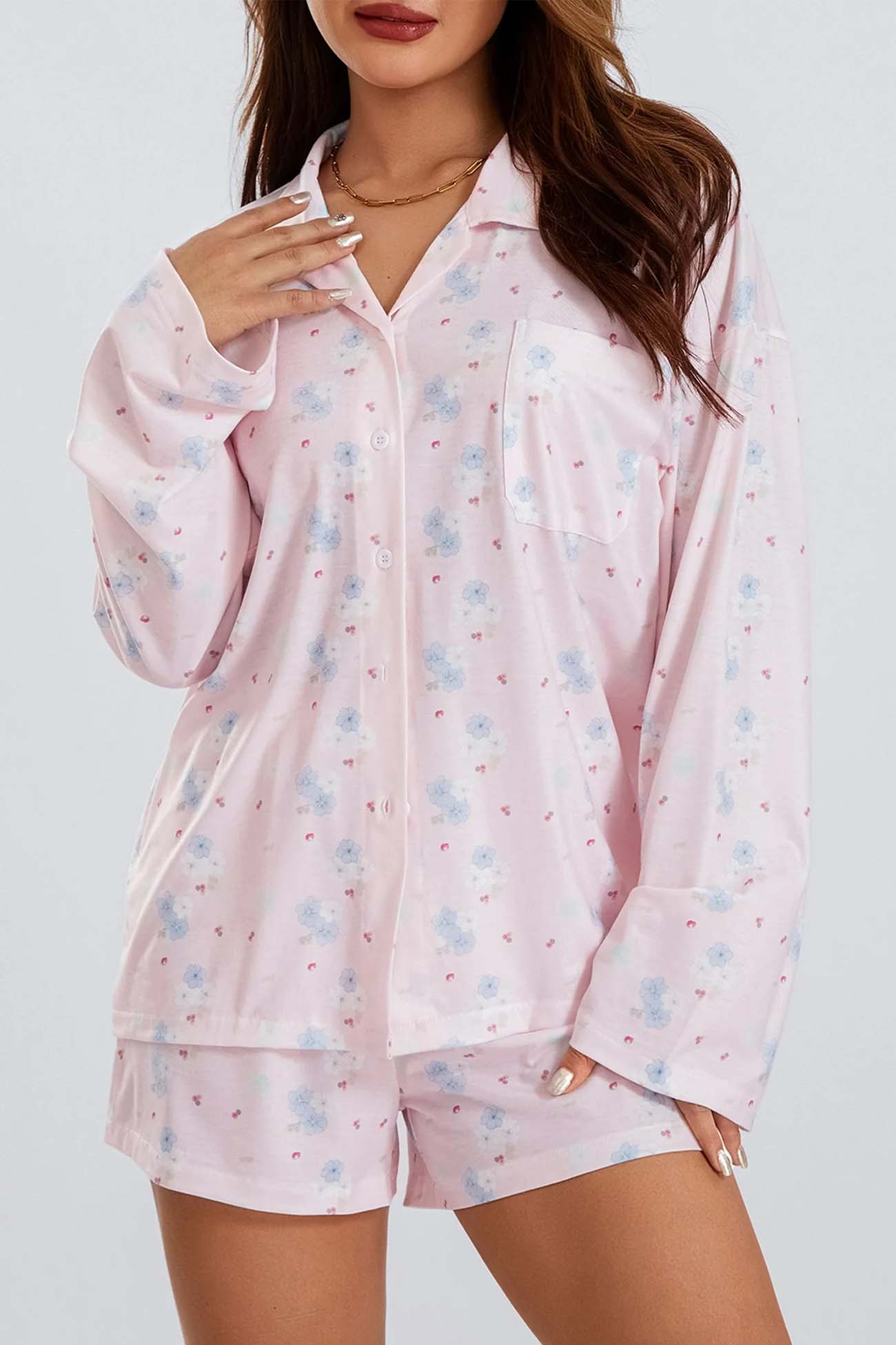 Printed Long Sleeves Button Shirt Shorts Set