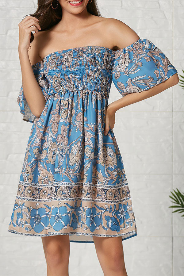 Print Off Shoulder A-line Dress - Mislish