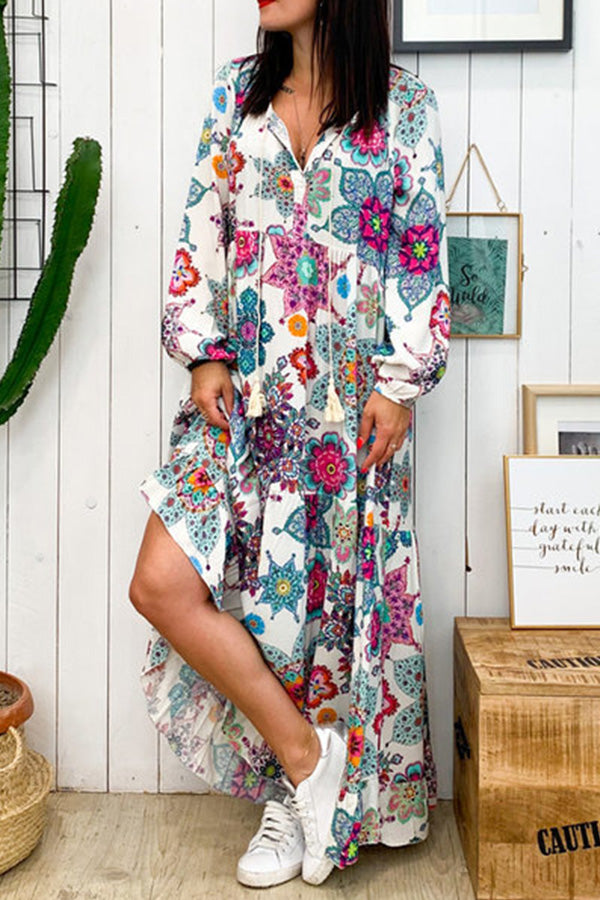 Vintage Print Fringe Maxi Dress - Mislish