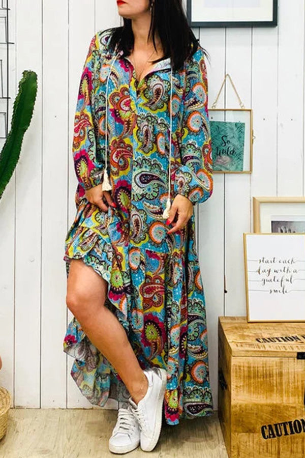 Vintage Print Fringe Maxi Dress - Mislish