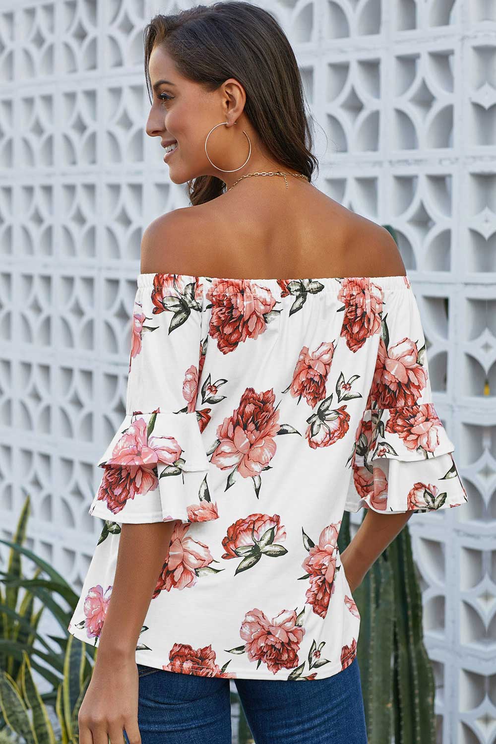 Printed Off-the-shoulder Blouse With Trumpet Sleeves