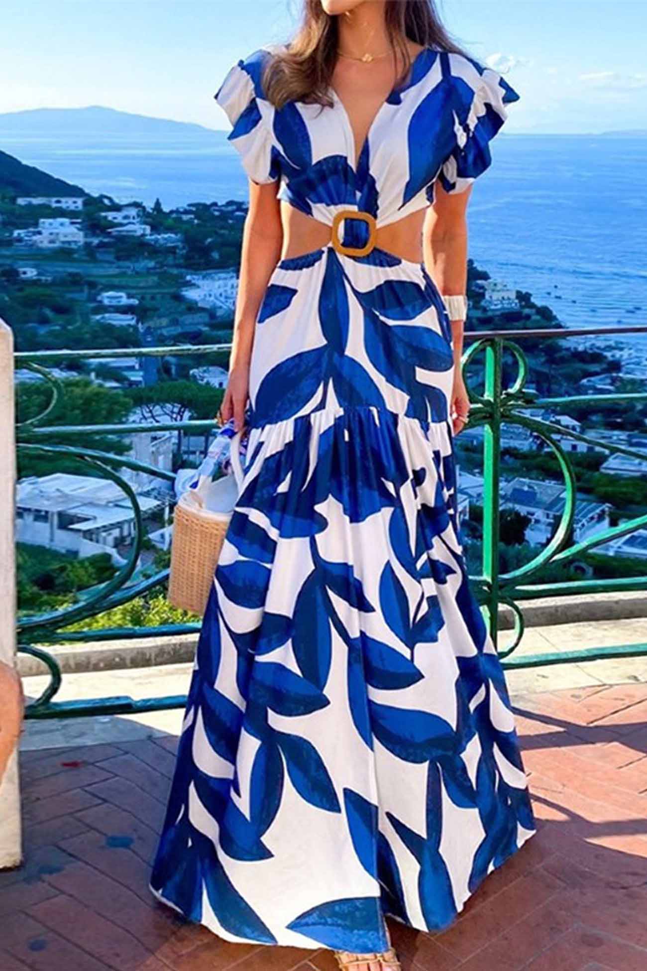 Printed Ruffled Cap Sleeve Cutout Ring Linked Dress